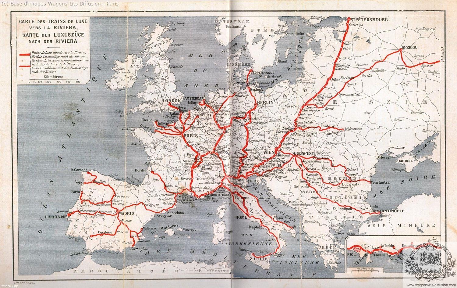Wl 1920 carte des trains de luxe vers la riviera