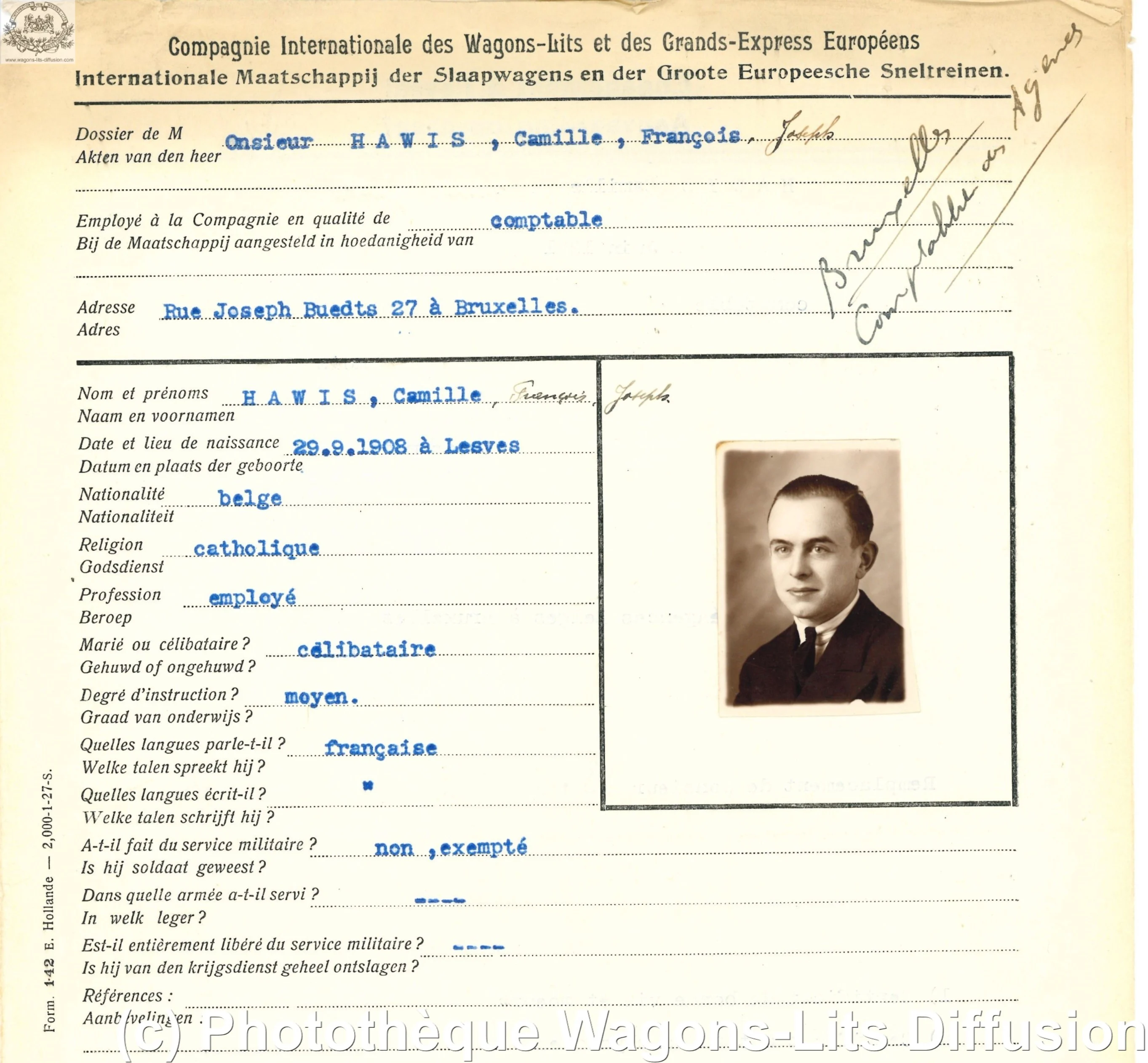 Wl dossier personnel de mr hawis employe a la ciwl belgique 1943