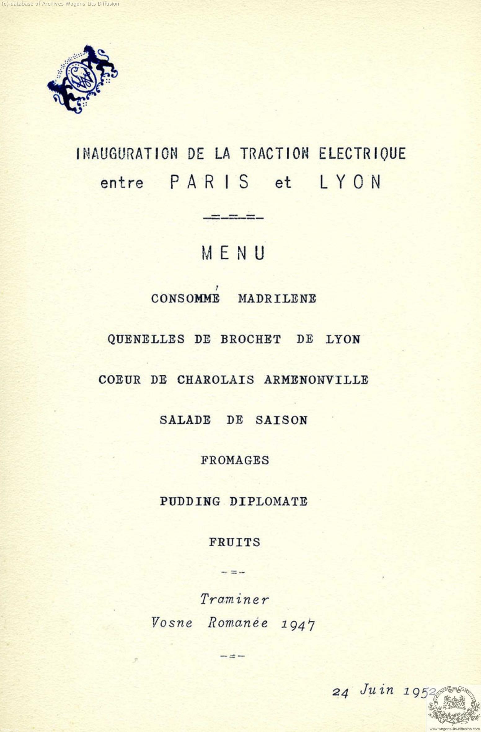 Wl menu paris lyon special 1952