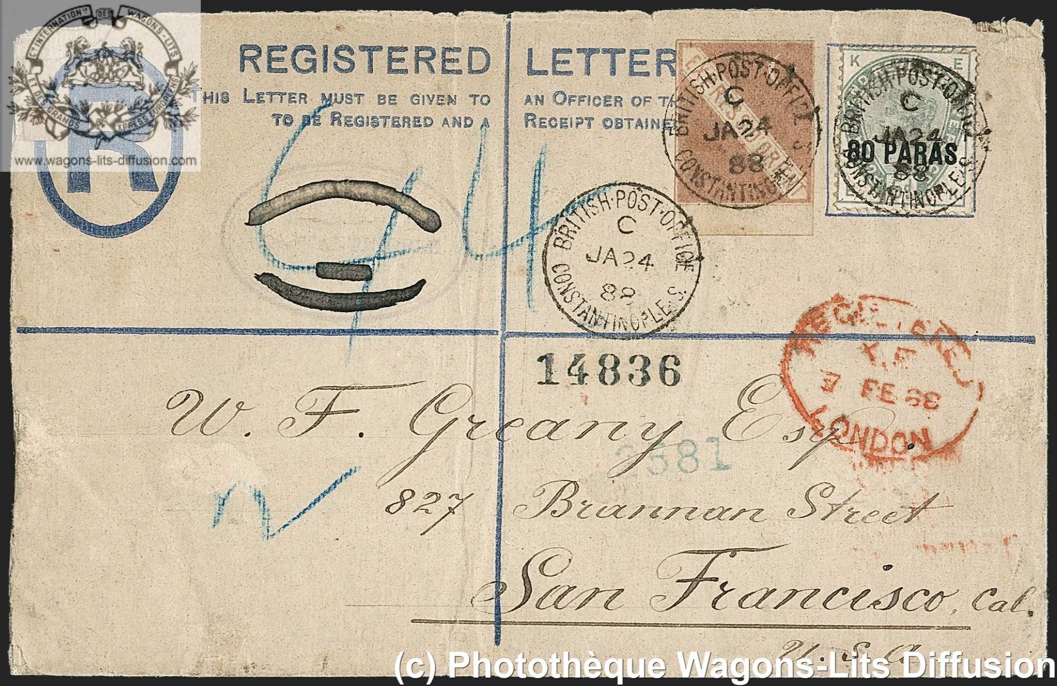 Wl registered letter with orient express label timbre 1887